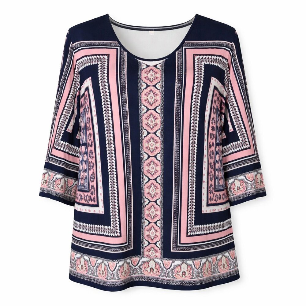 JM COLLECTION Navy Orange Print Top Plus Size 2X